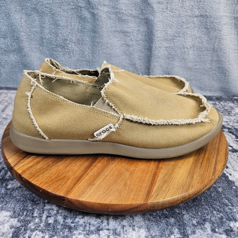 CROCS Santa Cruz Men's Size 9 Tan Canvas Slip-On Loafer Shoes Frayed 10128